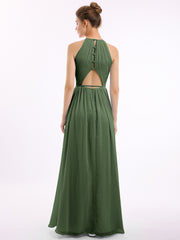 Long Halter Chiffon Dresses with Open Back Olive Green