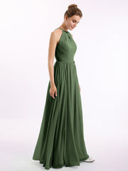 Long Halter Chiffon Dresses with Open Back Olive Green Plus Size