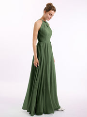 Long Halter Chiffon Dresses with Open Back Olive Green