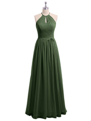 Long Halter Chiffon Dresses with Open Back Olive Green