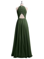 Long Halter Chiffon Dresses with Open Back Olive Green Plus Size