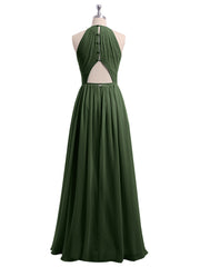 Long Halter Chiffon Dresses with Open Back Olive Green
