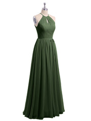 Long Halter Chiffon Dresses with Open Back Olive Green