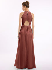 Long Halter Chiffon Dresses with Open Back Terracotta