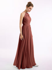 Long Halter Chiffon Dresses with Open Back Terracotta