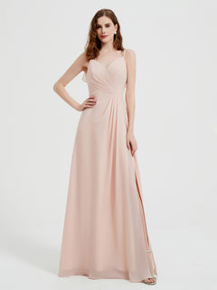 Spaghetti Straps V neck Dresses with Slit Pearl Pink Plus Size