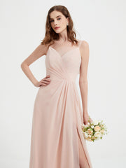 Spaghetti Straps V neck Dresses with Slit Pearl Pink
