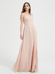 Spaghetti Straps V neck Dresses with Slit Pearl Pink