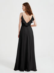 Spaghetti Straps V neck Dresses with Slit Black