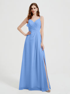 Spaghetti Straps V neck Dresses with Slit Blue