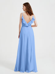 Spaghetti Straps V neck Dresses with Slit Blue