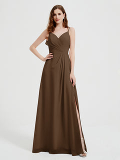 Spaghetti Straps V neck Dresses with Slit Brown