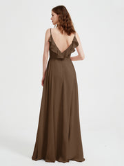 Spaghetti Straps V neck Dresses with Slit Brown Plus Size