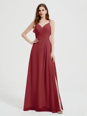 Spaghetti Straps V neck Dresses with Slit Burgundy