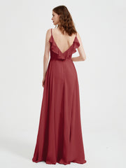 Spaghetti Straps V neck Dresses with Slit Burgundy Plus Size
