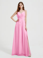 Spaghetti Straps V neck Dresses with Slit Candy Pink Plus Size