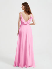 Spaghetti Straps V neck Dresses with Slit Candy Pink Plus Size