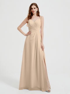 Spaghetti Straps V neck Dresses with Slit Champagne