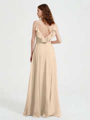 Spaghetti Straps V neck Dresses with Slit Champagne Plus Size