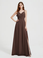 Spaghetti Straps V neck Dresses with Slit Chocolate