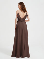 Spaghetti Straps V neck Dresses with Slit Chocolate