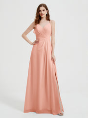 Spaghetti Straps V neck Dresses with Slit Coral Plus Size