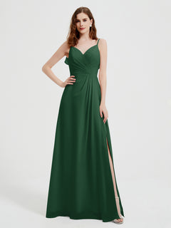 Spaghetti Straps V neck Dresses with Slit Dark Green