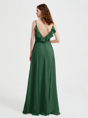 Spaghetti Straps V neck Dresses with Slit Dark Green