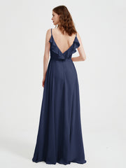 Spaghetti Straps V neck Dresses with Slit Dark Navy