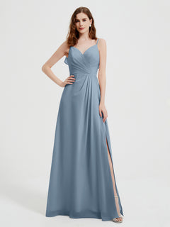 Spaghetti Straps V neck Dresses with Slit Dusty Blue