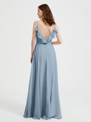 Spaghetti Straps V neck Dresses with Slit Dusty Blue