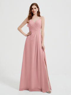 Spaghetti Straps V neck Dresses with Slit Dusty Rose