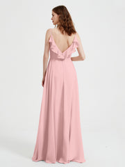 Spaghetti Straps V neck Dresses with Slit Dusty Rose Plus Size