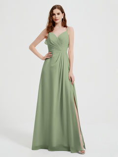 Spaghetti Straps V neck Dresses with Slit Dusty Sage