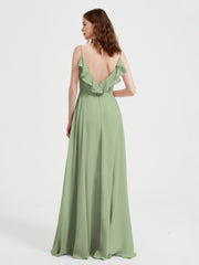 Spaghetti Straps V neck Dresses with Slit Dusty Sage Plus Size