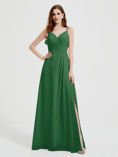Spaghetti Straps V neck Dresses with Slit Emerald