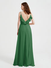 Spaghetti Straps V neck Dresses with Slit Emerald