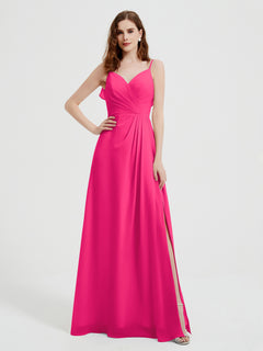 Spaghetti Straps V neck Dresses with Slit Fuchsia Plus Size