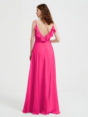 Spaghetti Straps V neck Dresses with Slit Fuchsia Plus Size