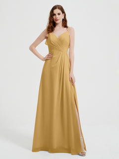 Spaghetti Straps V neck Dresses with Slit Gold Plus Size