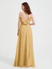 Spaghetti Straps V neck Dresses with Slit Gold Plus Size