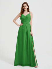 Spaghetti Straps V neck Dresses with Slit Green