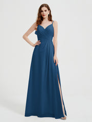 Spaghetti Straps V neck Dresses with Slit Ink Blue Plus Size