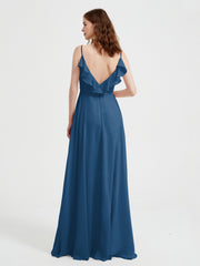 Spaghetti Straps V neck Dresses with Slit Ink Blue Plus Size