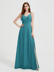 Spaghetti Straps V neck Dresses with Slit Jade