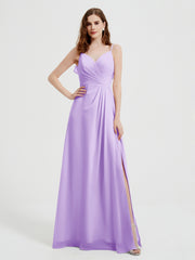 Spaghetti Straps V neck Dresses with Slit Lilac
