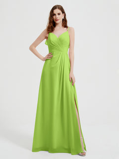 Spaghetti Straps V neck Dresses with Slit Lime Green