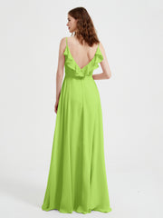 Spaghetti Straps V neck Dresses with Slit Lime Green Plus Size