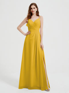 Spaghetti Straps V neck Dresses with Slit Marigold