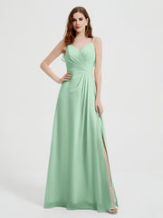 Spaghetti Straps V neck Dresses with Slit Mint Green